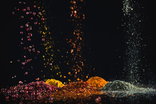 This image shows various colorful spices falling against a black background, creating a vibrant and dynamic visual. It can be used for culinary blogs, cooking websites, food packaging designs, and advertisements for spice brands. The dark background highlights the vivid colors of the spices, making it ideal for promotional materials related to cooking and seasoning.