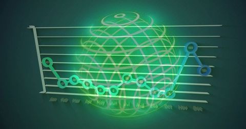 Holographic globe projecting neon green line chart with monthly markers and analytics