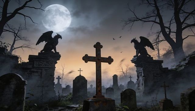 Moonlit gothic cemetery with rusted cross, gargoyle silhouettes and misty moonlight at dusk