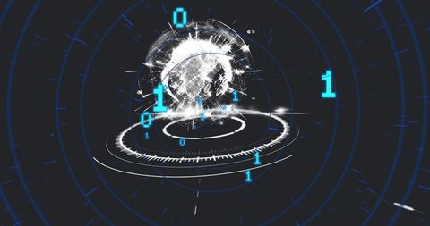 Holographic data globe spinning over tech hud rings with binary stream and particle burst