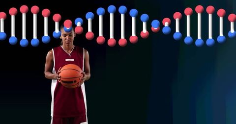 Woman Basketball Player Holding Ball Under DNA Strand Visual