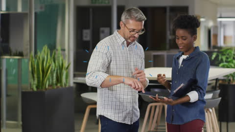 Business Professionals Collaborating with Digital Interface Concepts