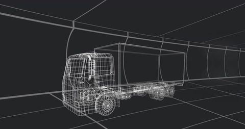 Wireframe box truck model in curved virtual tunnel 3d cad rendering for design concepts