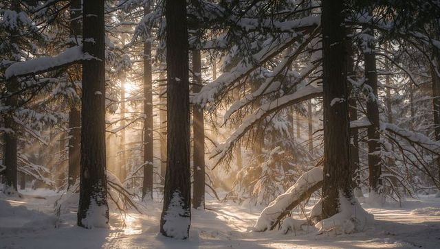 Golden Sunbeams Filtering Through Snowy Pine Forest Framing Three Tall Conifer Trunks