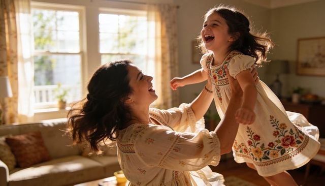 Mother lifting laughing daughter in sunlit living room wearing embroidered cream dresses