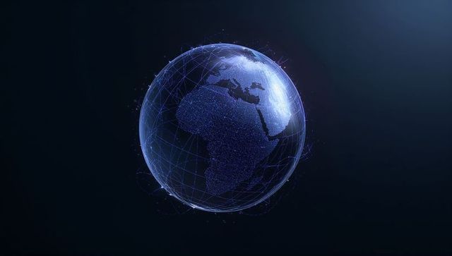 Glowing Digital Earth Showing Global Network, Data Streams and Orbital Mesh in Blue