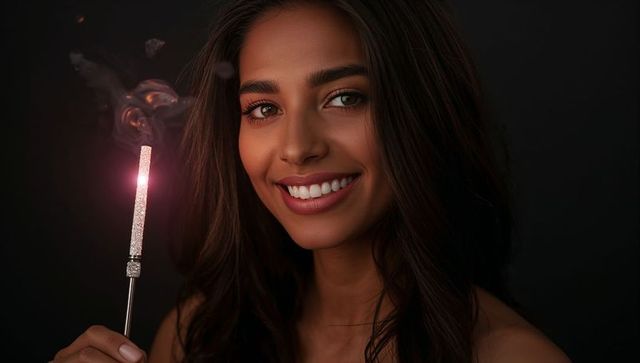 Smiling woman holding lit sparkler wand, dark background closeup, celebration glow