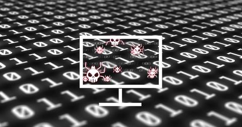 Representing Malware Threat on Binary Grid with Monitor Outline and Skull Icons for Cybersecurity