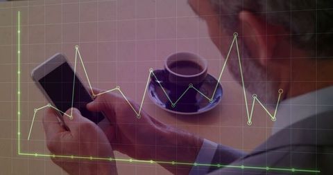 Senior professional analyzing finances on smartphone with graph overlay
