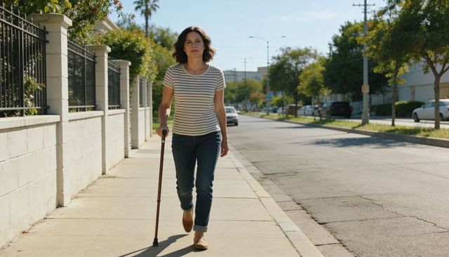 Woman walking with single-point cane on sunlit suburban sidewalk, mobility and independence