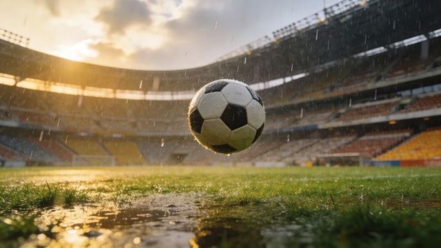 Soccer ball bouncing over rain-soaked pitch during golden hour in empty stadium