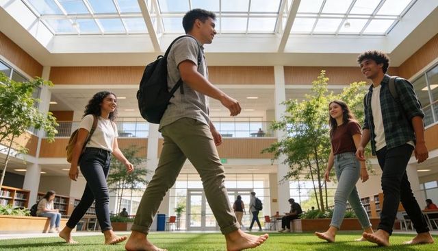 College students walking barefoot across sunlit campus atrium turf with backpacks