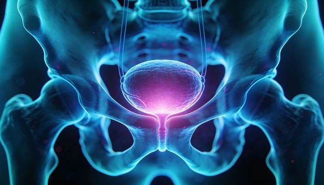 Glowing Urinary Bladder and Urethra Highlighted in Translucent Pelvis 3D Illustration