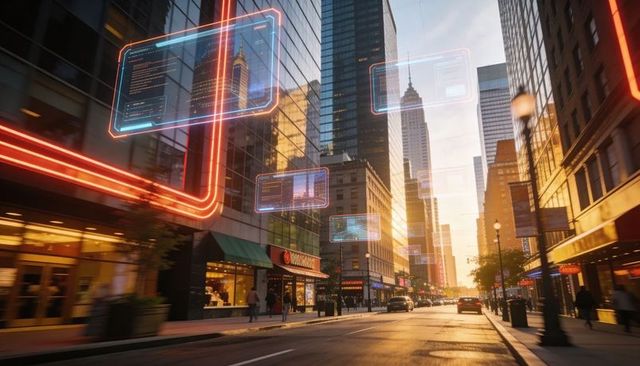 Floating holographic ar panels over sunlit downtown avenue with neon storefronts