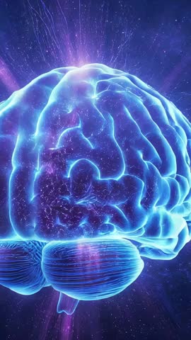 Rotating Neon Brain Pulsing Cerebellum in Cosmic Void 3D Medical Animation Vertical Loop