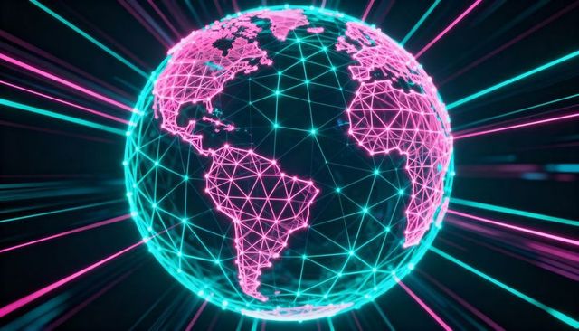 Rotating neon wireframe globe illustrating global network connectivity in cyberpunk colors