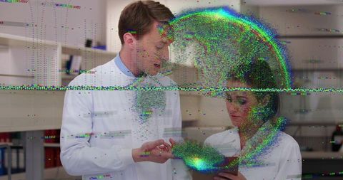 Scientist team collaborating on digital tablet in lab with futuristic glitch tech overlay