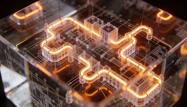 Glowing Neon Conduit Etched in Acrylic Block Over Transparent Architectural Blueprint Model