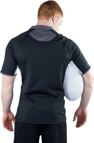 Back view of rugby player holding rugby ball transparent background