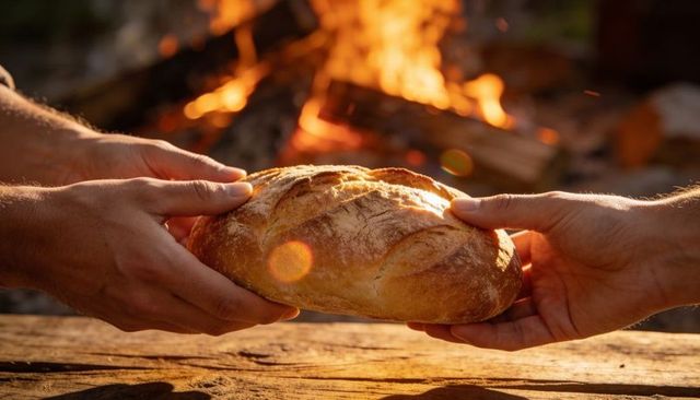 Hands sharing crusty country loaf over campfire table conveying warmth rustic hospitality