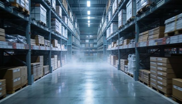Industrial warehouse aisle with pallet racking, stacked cartons and low floor mist