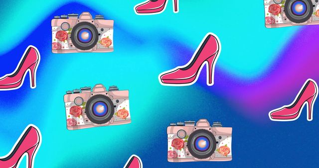 Trendy Cameras and High Heels Pattern on Vibrant Background - Download Free Stock Images Pikwizard.com