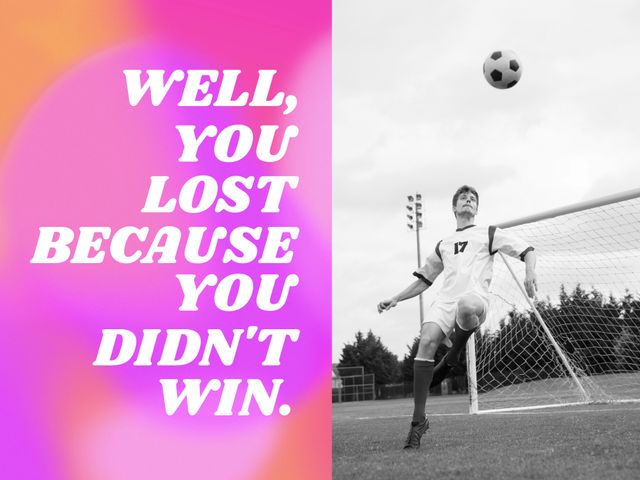 This image features an inspiring soccer-related quote over a dynamic black-and-white image of a soccer player kicking a ball near goalpost. May be used for social media posts, motivational posters, sports blogs, or as part of a sports initiative or campaign.