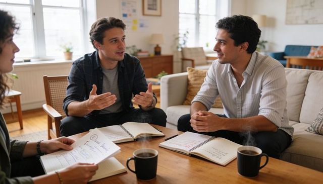Three adults collaborating in sunlit living room with notebooks and coffee cups during casual home m