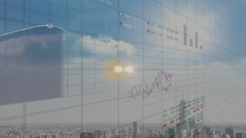 Futuristic Stock Market Display with Cityscape Background