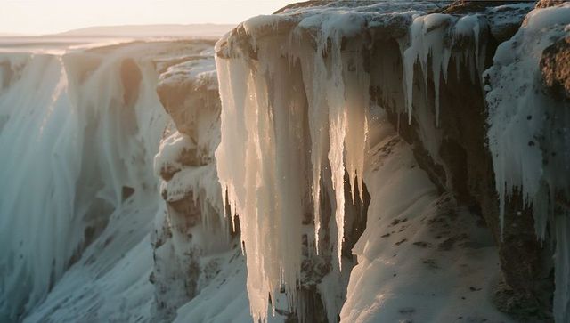 Glittering icicles dripping from majestic sunlit cliff