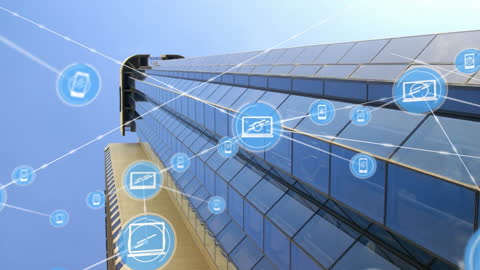 Futuristic Digital Network Overlay on Skyscraper