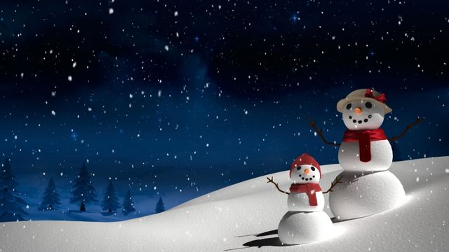 This video shows a delightful animated snowman family standing in a snow-covered field at night with snow gently falling. In the background, snow-dusted Christmas trees appear under a serene night sky. This animation is ideal for holiday-themed projects, Christmas cards, winter promotions, and festive decorations. It evokes a warm, joyful winter atmosphere perfect for capturing the magic of the holiday season.