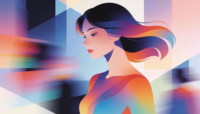 Gazing woman in geometric corridor with flowing gradient hair and vibrant pastels