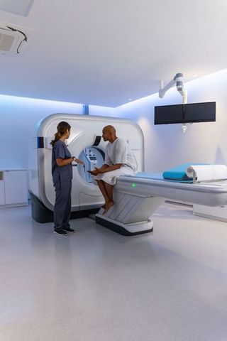 Mri technologist consulting african american patient preparing for scan in modern radiology room