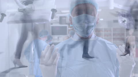 Surgeons Performing Surgery with Overlapping Abstract Figures