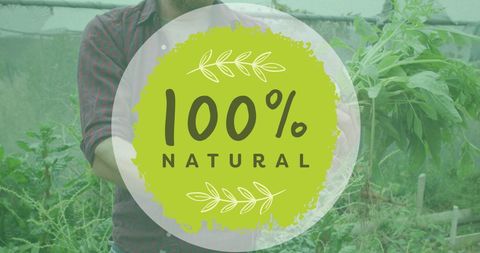 Text advertising 100 percent natural products over a garden scene enhances themes of eco-friendliness and organic lifestyles. Useful for businesses promoting sustainability, natural products or services with an emphasis on ecology and agriculture. Suitable for digital interfaces and marketing collateral focused on health and green living.