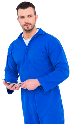 mechanic in blue coverall using transparent digital tablet - Download Free Stock Videos Pikwizard.com