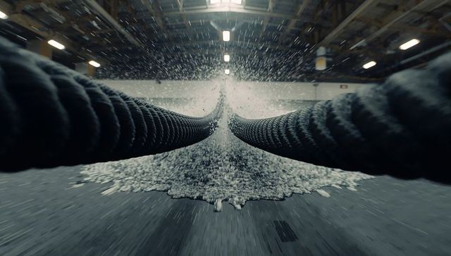 Thick battle ropes surging and splashing across industrial gym floor with dynamic motion