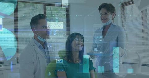Smiling patient receiving dental consultation with clinicians and digital analytics overlay