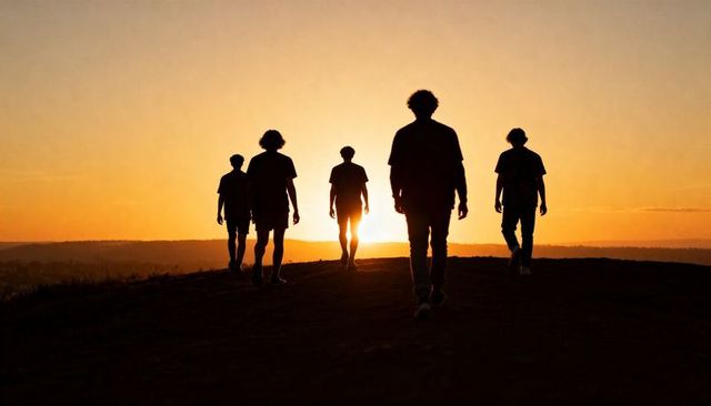 Walking toward sunset five silhouettes crossing ridge at golden hour horizon