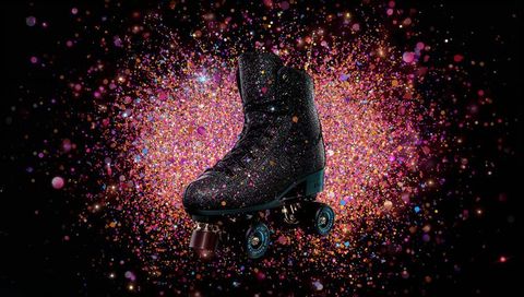 Black glitter roller skate floating in confetti explosion with neon blue wheels retro disco