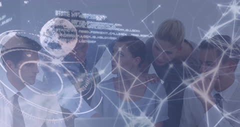 Business Team Analyzing Global Data with Innovative Tech Overlay