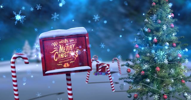 Snowy Christmas scene featuring a festive sign with a 'Merry Christmas' greeting, decorated tree, and candy canes. Ideal for holiday cards, festive advertisements, seasonal greetings, and winter-themed projects.