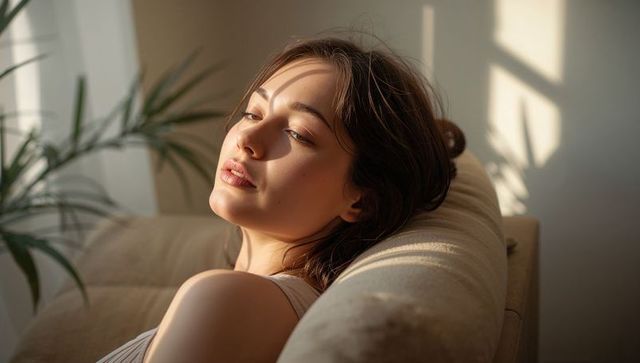 Young woman reclining on beige sofa in warm golden-hour light with botanical shadows