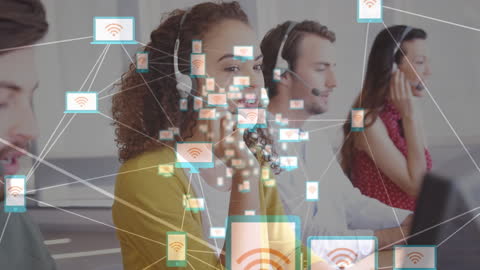 Customer Service Team with Digital Technology Overlays