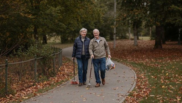 Senior couple walking and collecting litter in autumn park volunteering for community cleanup