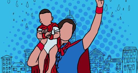 illustration depicts fictional superhero parent and child with capes. urban setting emphasizes family strength and bond. ideal for parenting blogs, family support, community events, or celebrating parent-child relationships.