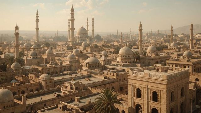 Historic cityscape with mosque domes and minarets at sunrise