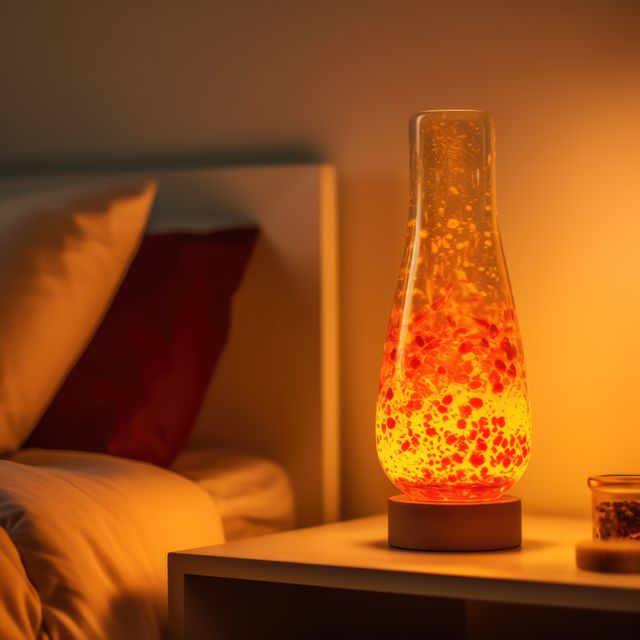 Orange lava lamp on bedside table in bedroom at night, created using generative ai technology. Retro, psychedelic, relaxation and interior decoration lamp concept digitally generated image.