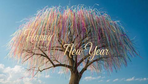 Weeping Tree Draped in Colorful Ribbons Displaying Golden Happy New Year Script